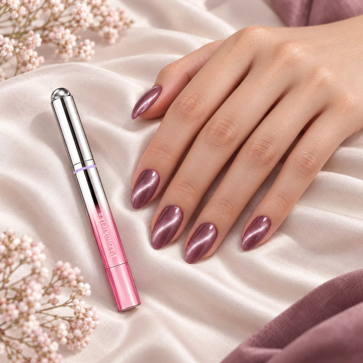 Dłoń z manicure cat eye i pisak na satynie