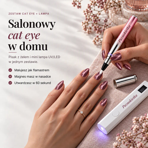 Salonowy cat eye w domu: pisak z żelem i mini lampa UV/LED w jednym zestawie. Malujesz jak flamastrem, magnes masz w nasadce, utwardzasz w 60 sekund.