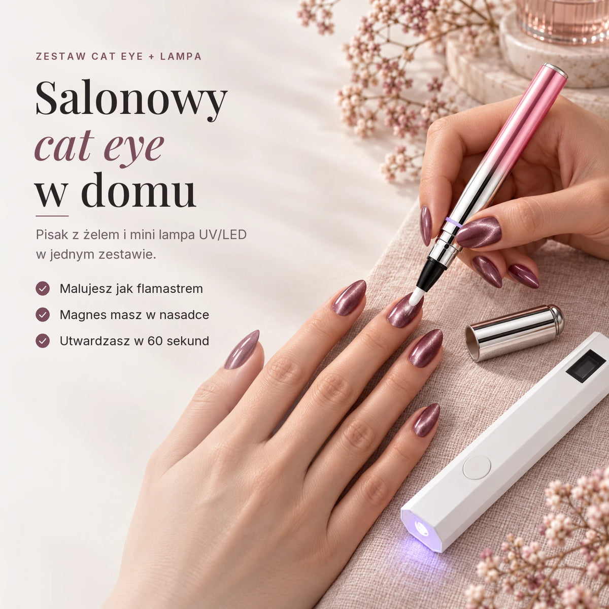 Salonowy cat eye w domu: malujesz jak flamastrem, magnes w nasadce, utwardzasz w 60 s