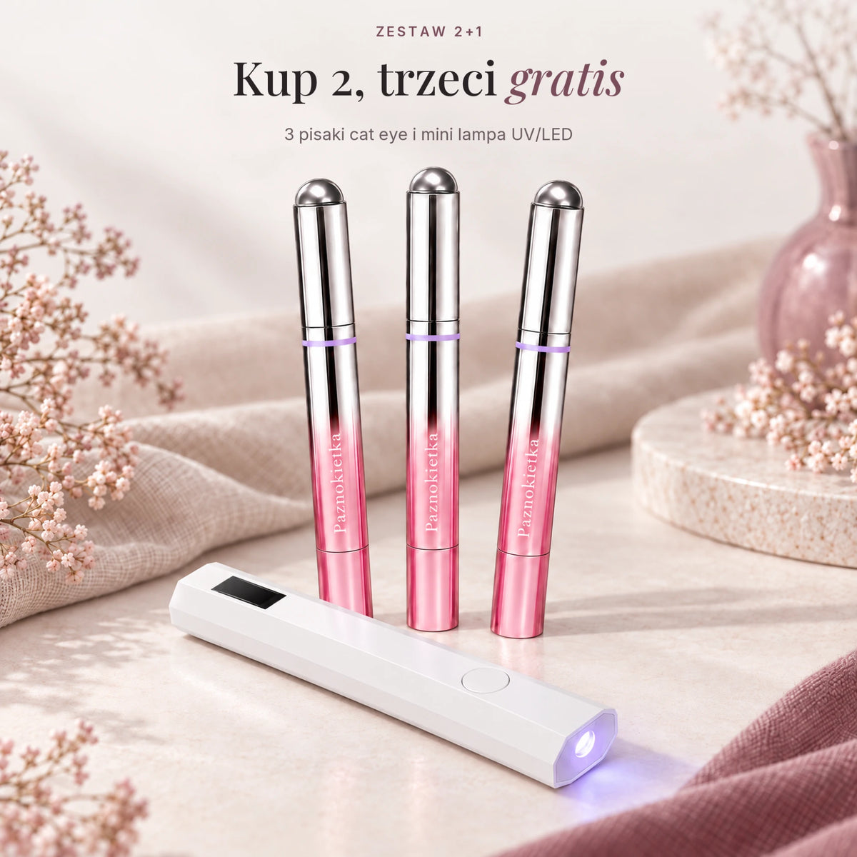 Zestaw 2+1: kup 2, trzeci gratis – 3 pisaki cat eye i mini lampa UV/LED