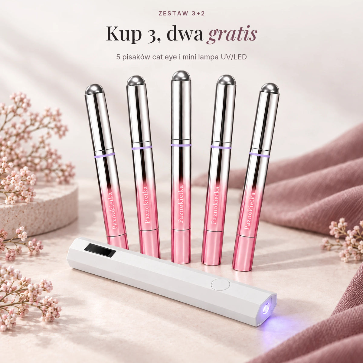 Zestaw 3+2: kup 3, dwa gratis – 5 pisaków cat eye i mini lampa UV/LED